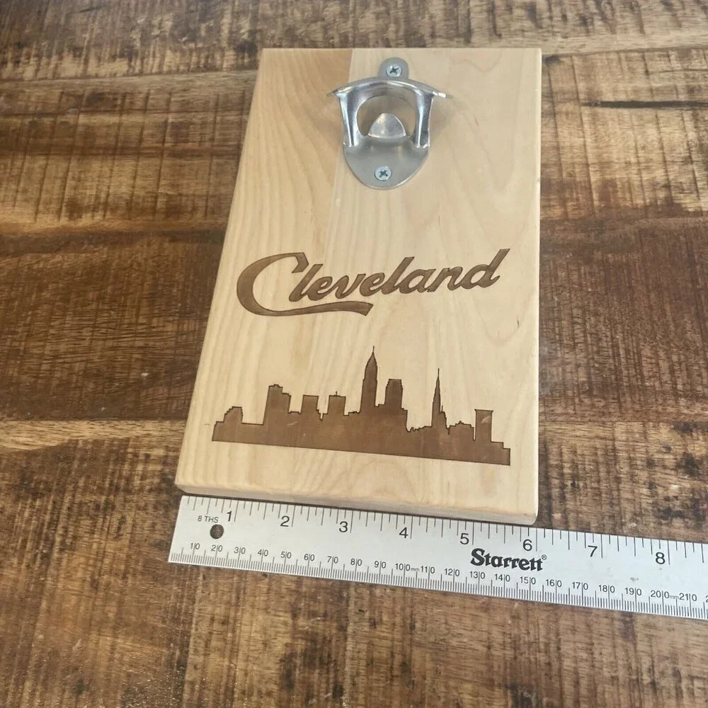 Wooden Cleveland Skyline Engraved Wall Mount Bottle Opener Souvenir City